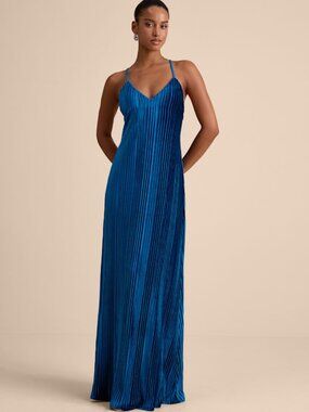 Lulus Kauri Dark Teal Blue Velvet Pleated Backless Maxi Dress - Size XL